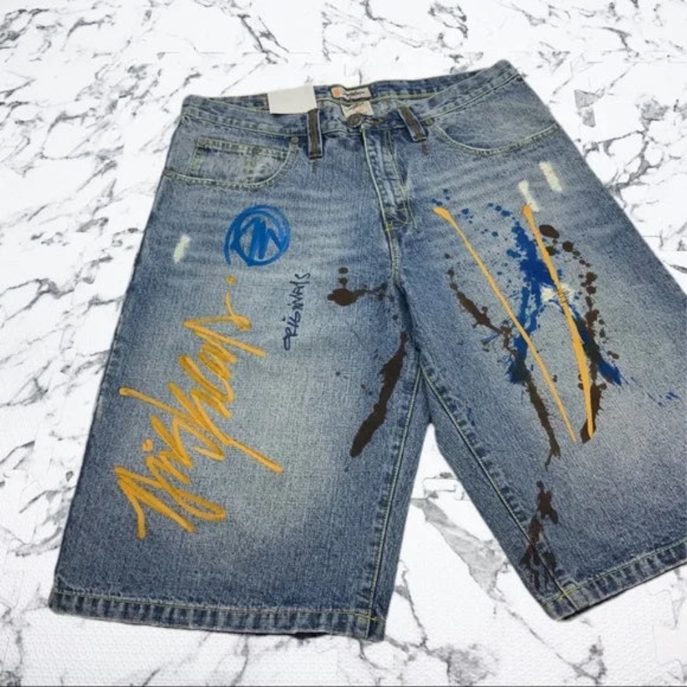 Men's Miskeen Mid Blue Hand Painted Denim Shorts NWT